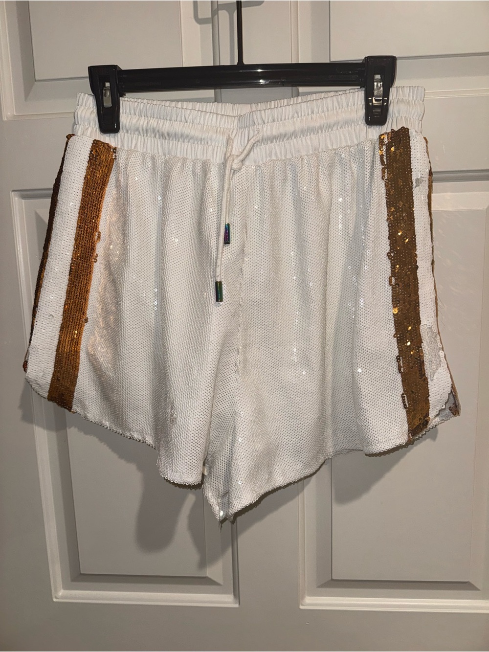 QUEEN OF SPARKLES White Sequin Athletic Shorts with Gold Side Stripes